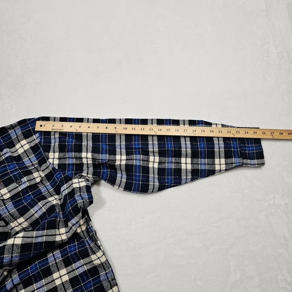 Orvis Flannel Shacket Shirt Mens L Blue Plaid Pocket Rugged Cabin Lumber